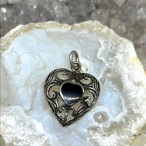 Vintage Black Onyx & Silver Filigree Heart Pendant